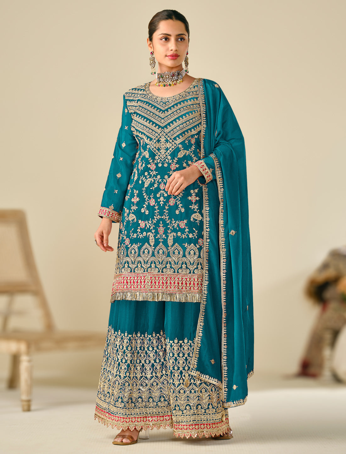 Heavy Embroidered Chinon Suit – Freesize Fit