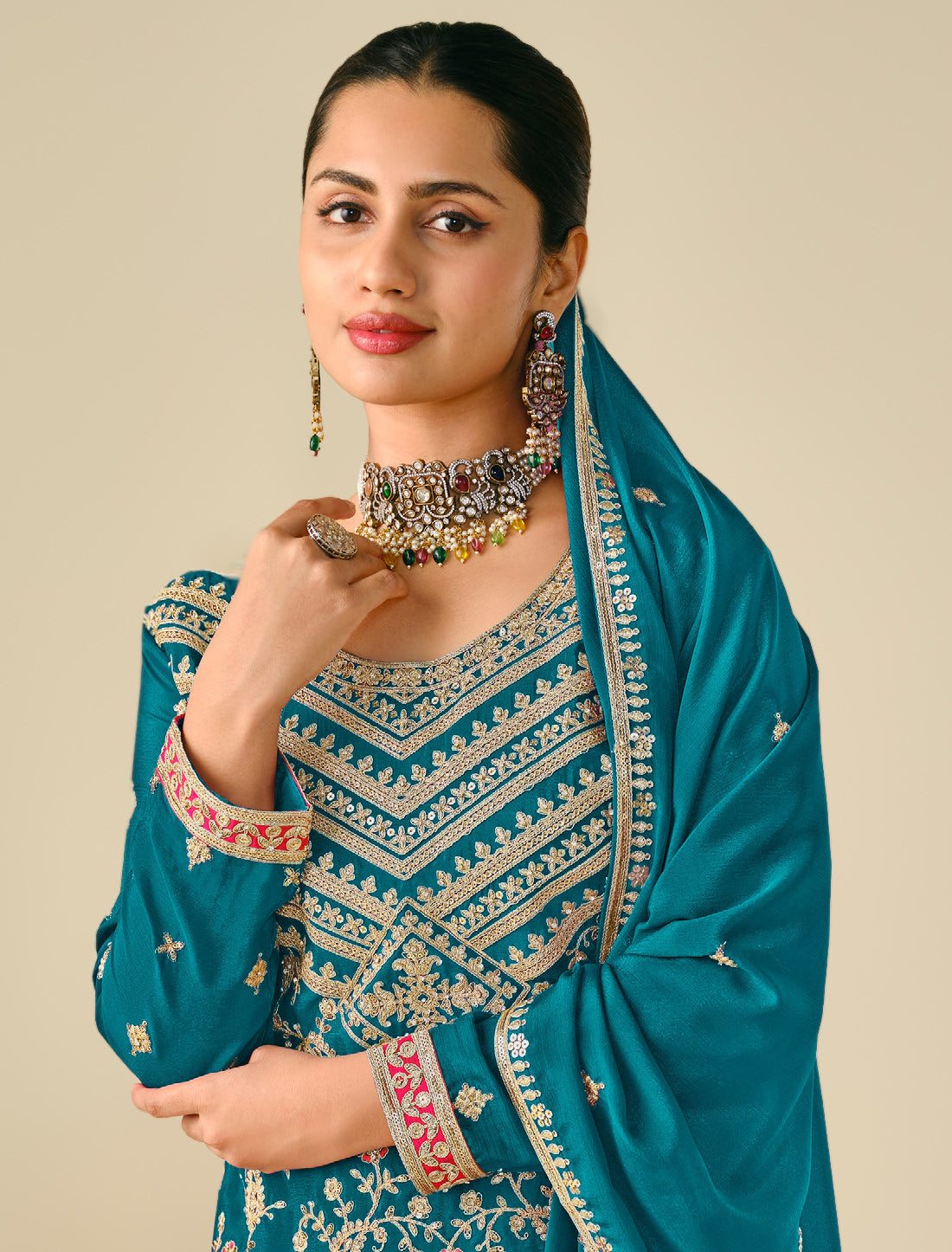 Heavy Embroidered Chinon Suit – Freesize Fit