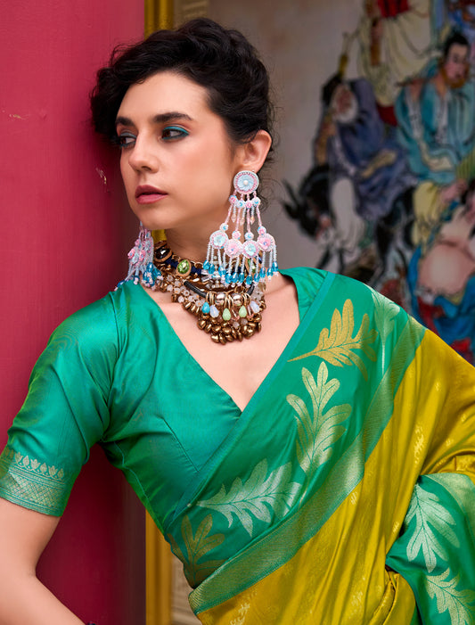 Yellow Banarasi Silk Tissue With Beautiful Weaving Work
