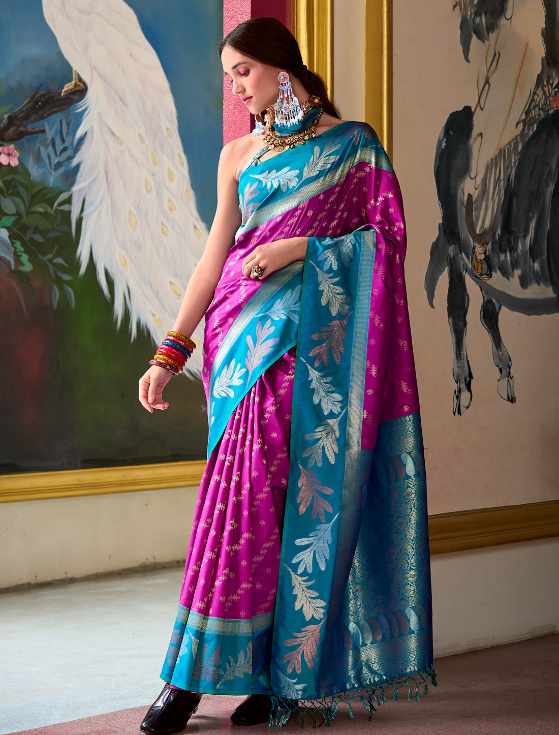 Wine Banarasi Silk Tissue Saree With Beautiful Weaving Work