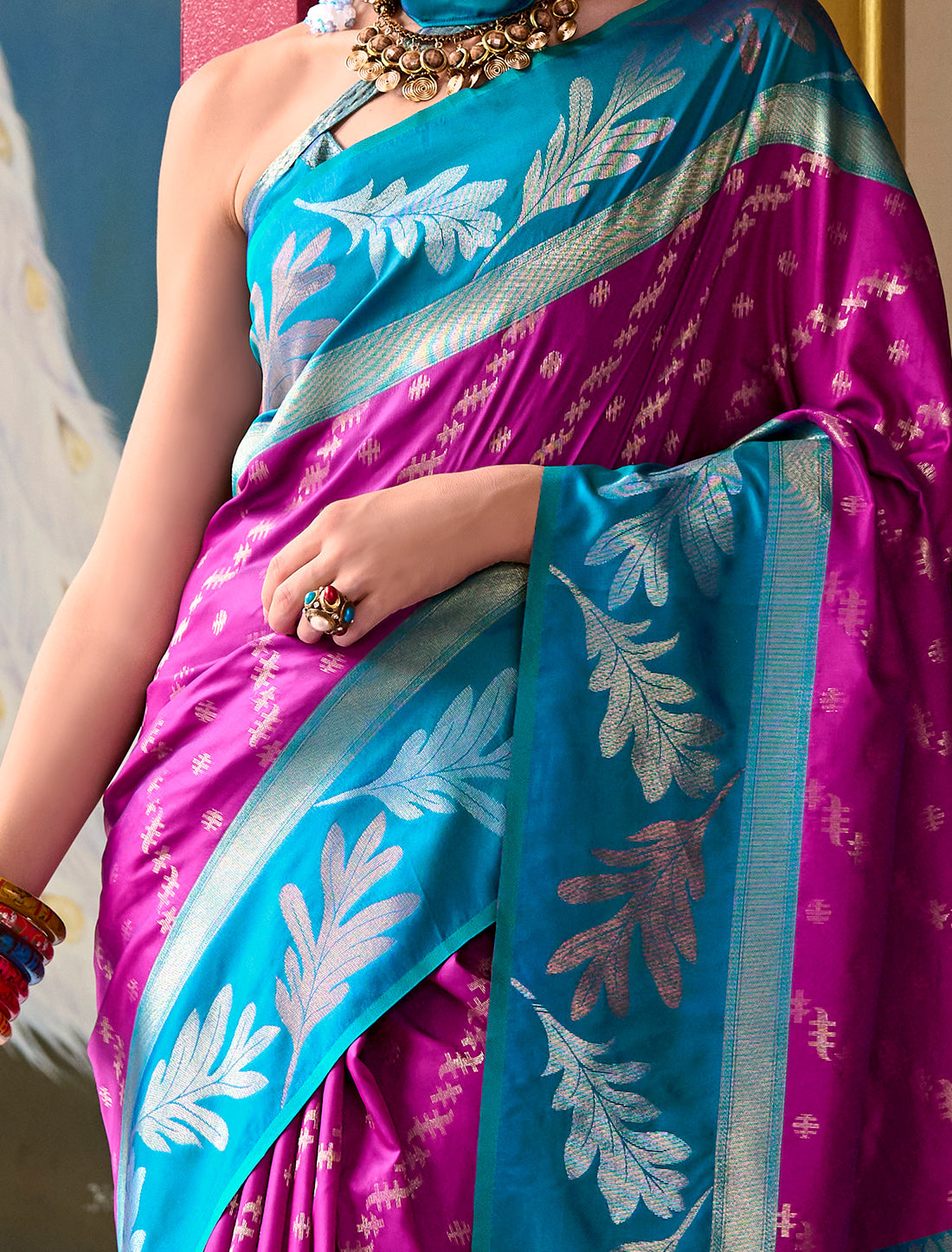 Wine Banarasi Silk Tissue Saree With Beautiful Weaving Work