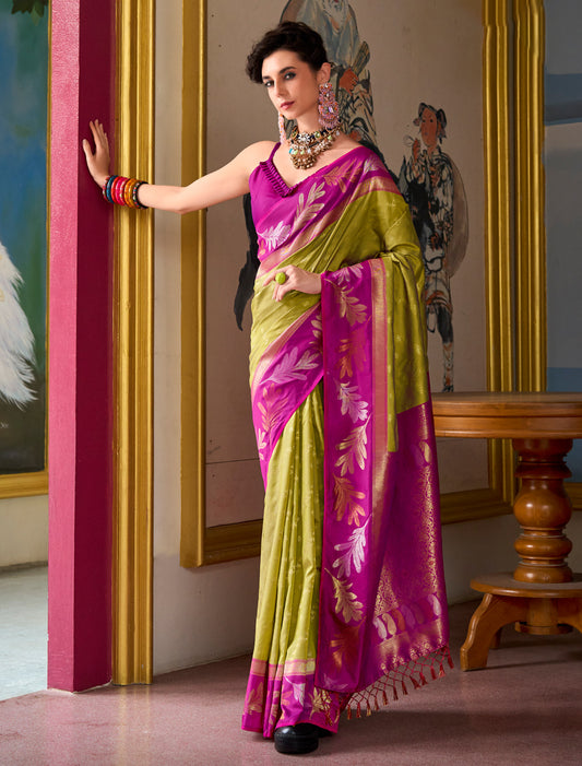 Green Banarasi Silk Tissue Saree With Beautiful Weaving Work