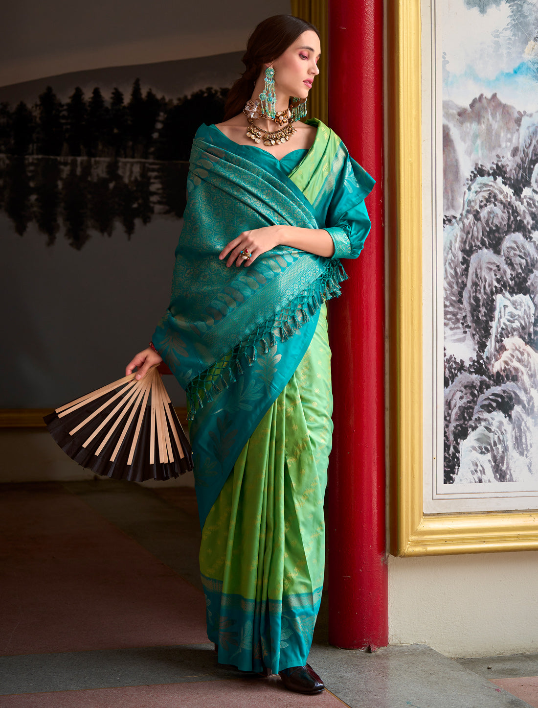 Parrot Green Banarasi Silk Tissue Saree With Beautiful Weaving Work