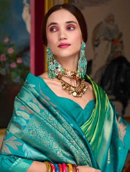 Parrot Green Banarasi Silk Tissue Saree With Beautiful Weaving Work