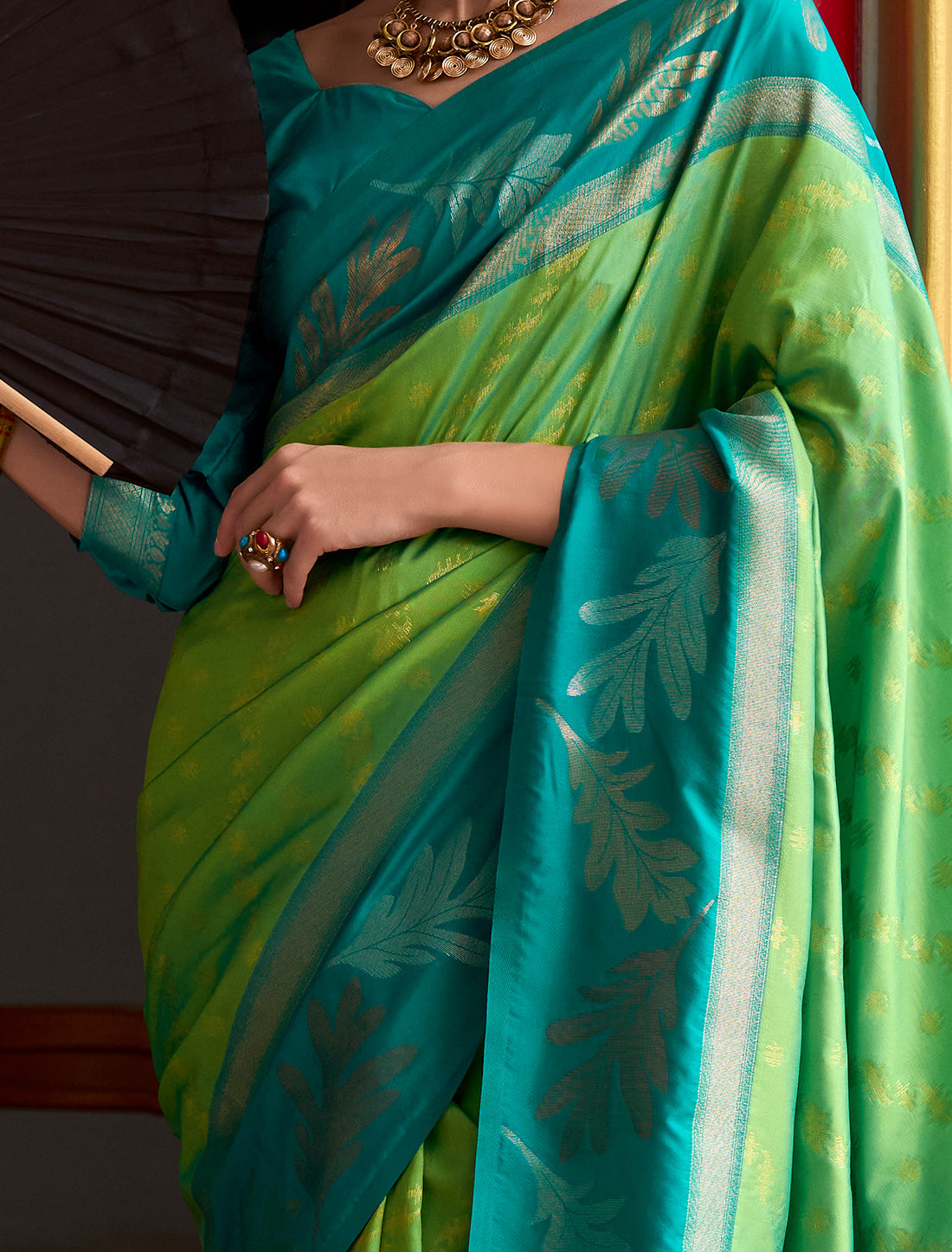 Parrot Green Banarasi Silk Tissue Saree With Beautiful Weaving Work
