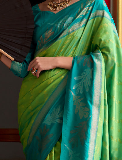 Parrot Green Banarasi Silk Tissue Saree With Beautiful Weaving Work