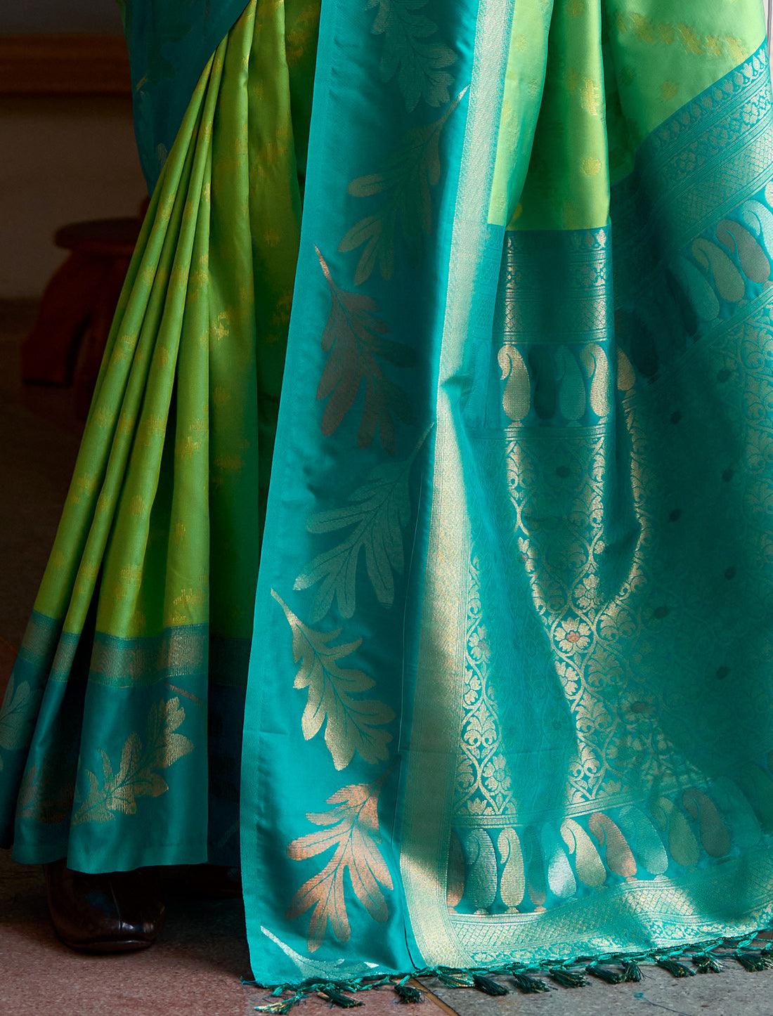 Parrot Green Banarasi Silk Tissue Saree With Beautiful Weaving Work