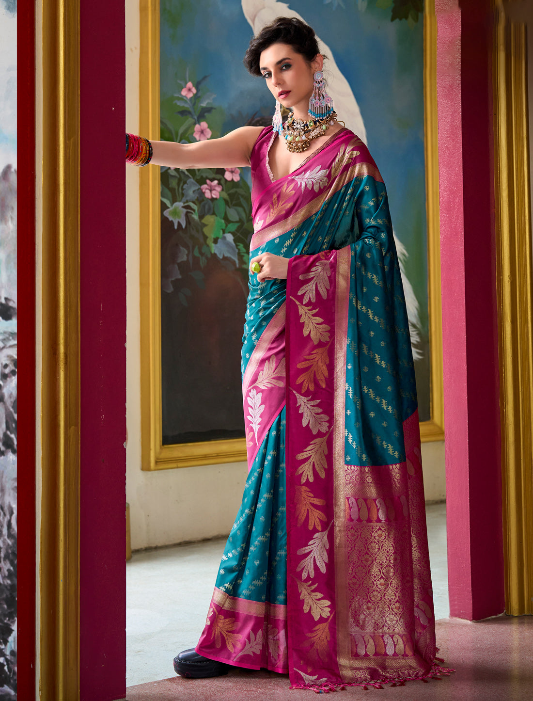Teal Blue Banarasi Silk Tissue Saree With Beautiful Weaving Work
