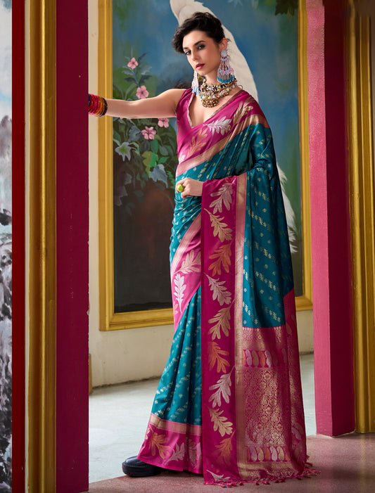 Teal Blue Banarasi Silk Tissue Saree With Beautiful Weaving Work