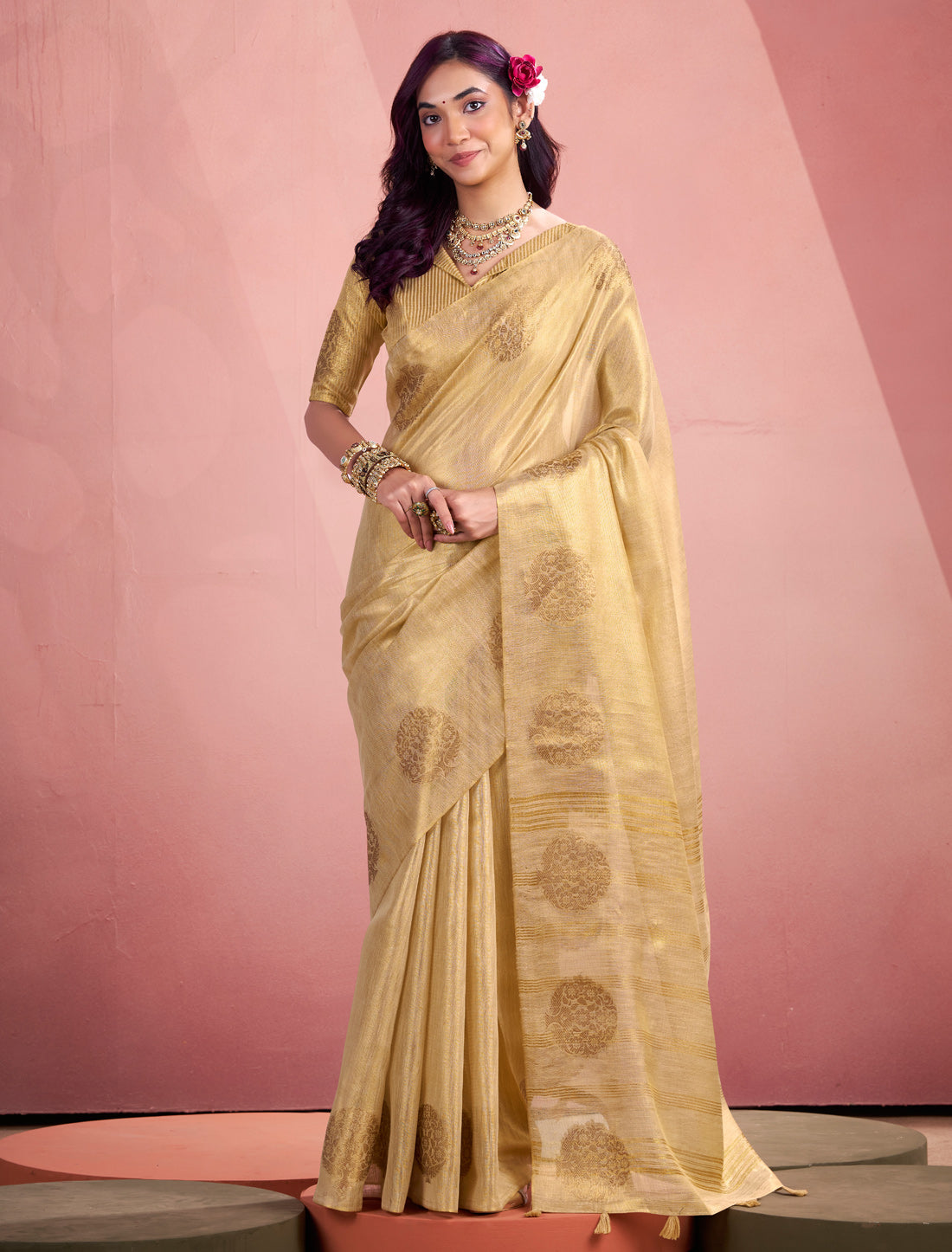 Yellow Ethnic Party Wear Tissue Silk Woven Saree