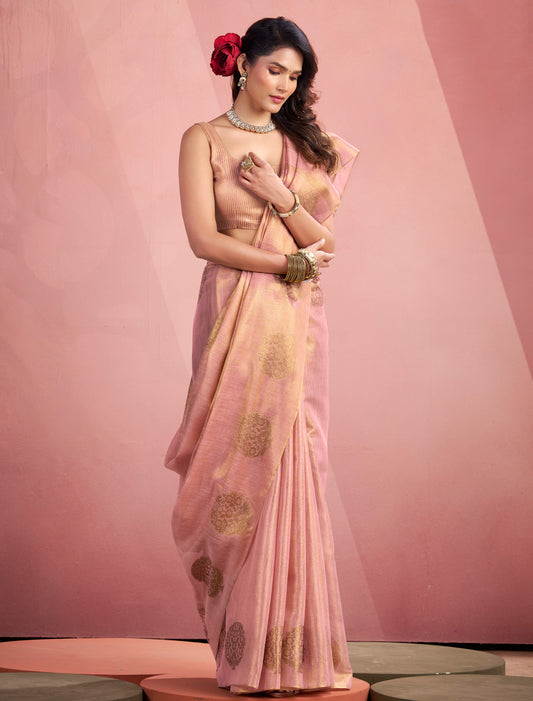 Peach Party Wear Tissue Silk Woven Saree For Women