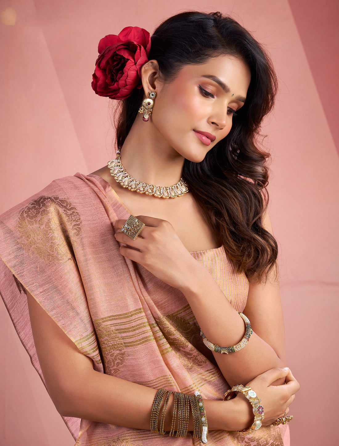 Peach Party Wear Tissue Silk Woven Saree For Women