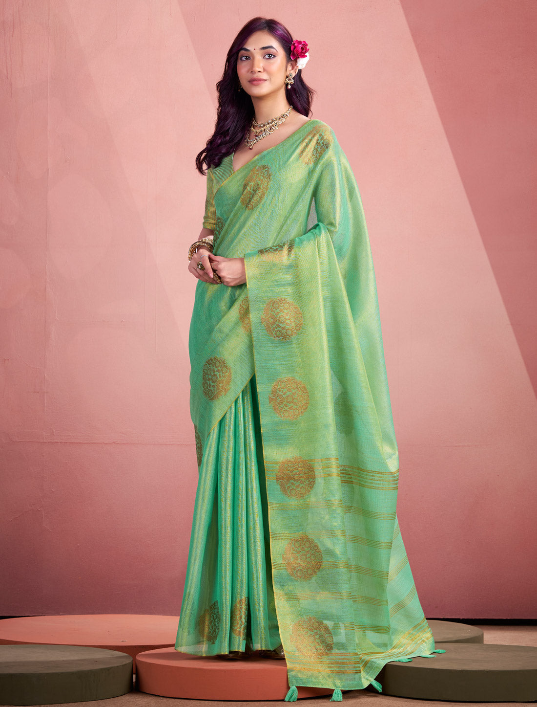 Green Tissue Silk Party Wear Woven Saree For Women