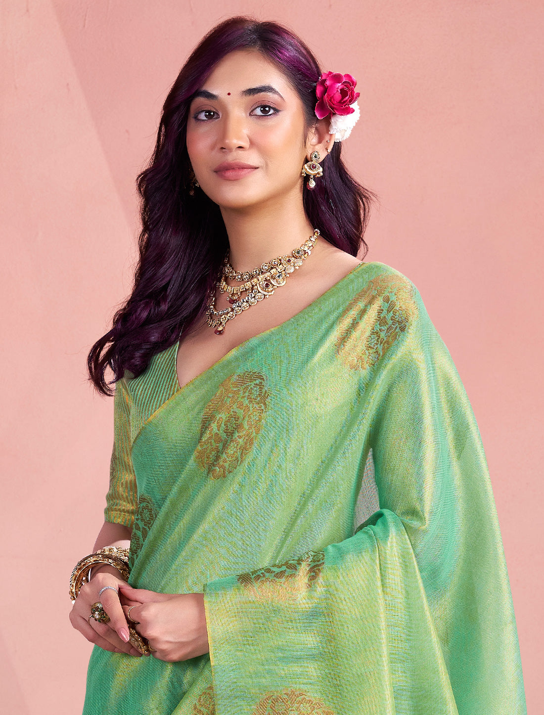 Green Tissue Silk Party Wear Woven Saree For Women