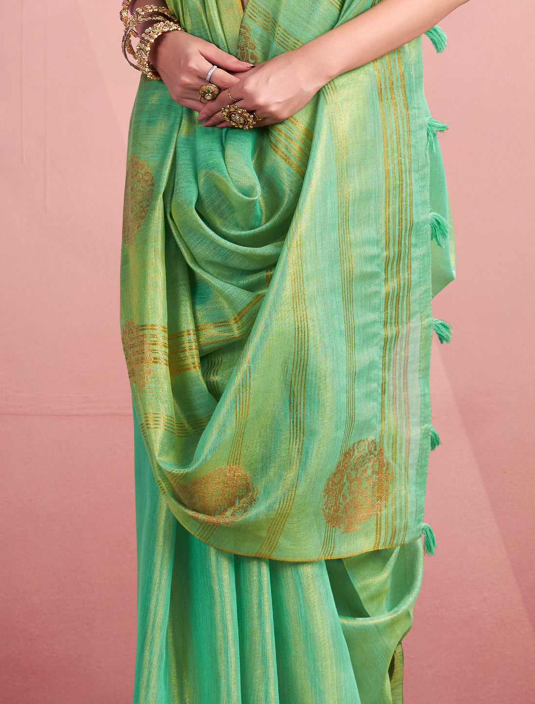 Green Tissue Silk Party Wear Woven Saree For Women
