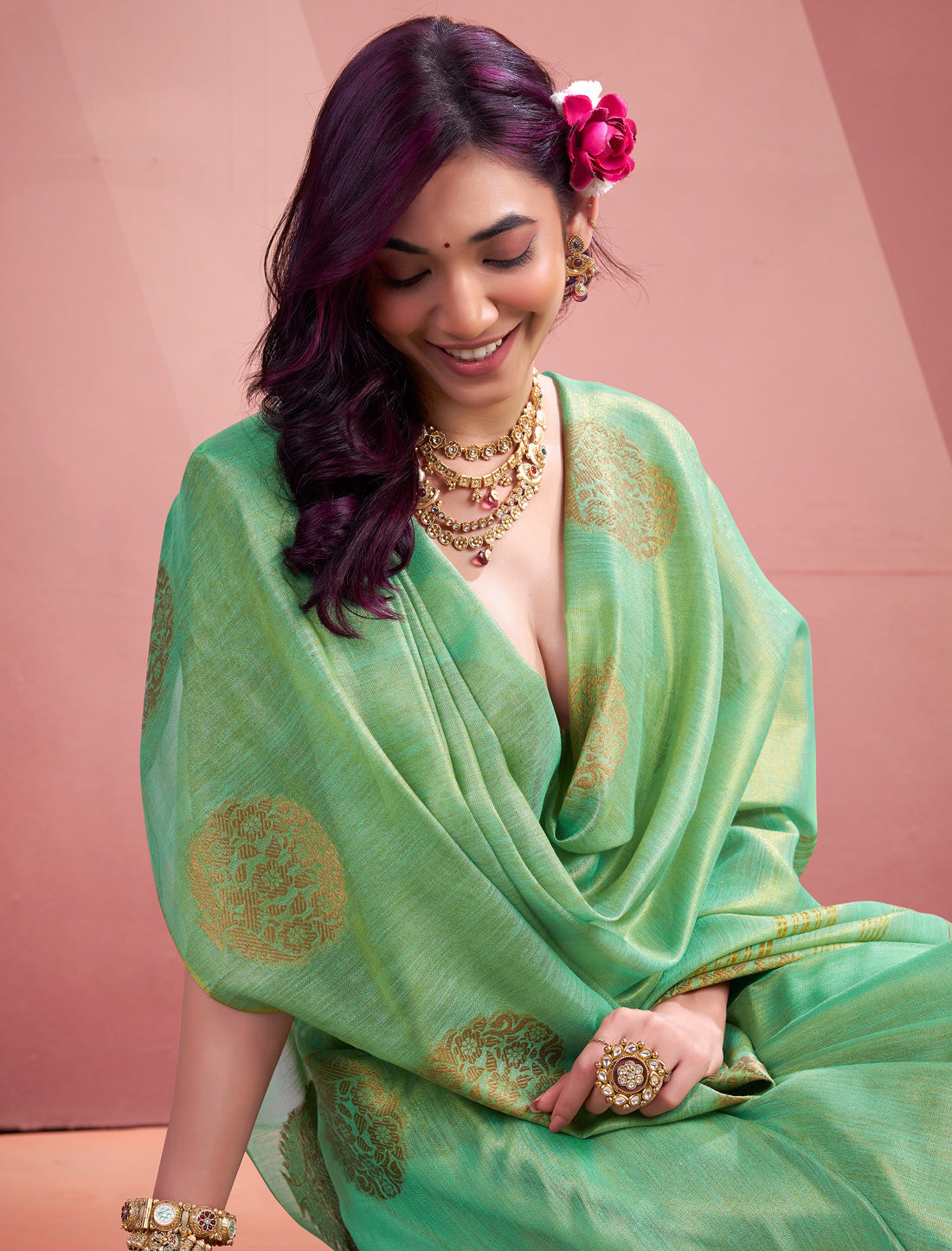 Green Tissue Silk Party Wear Woven Saree For Women