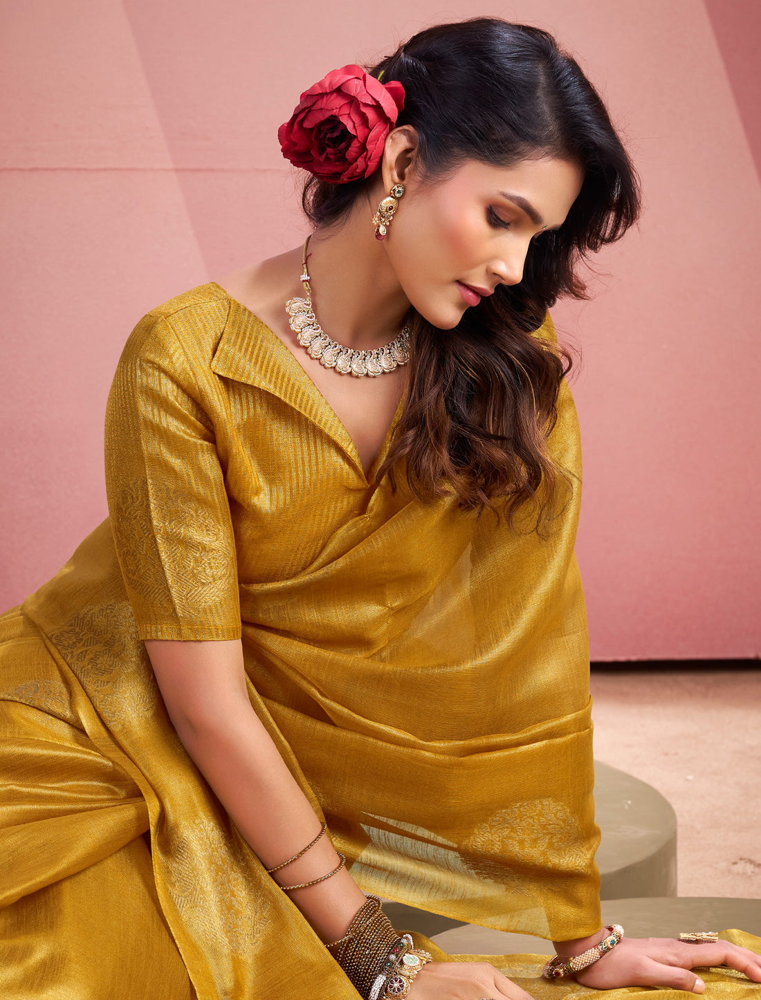 Sumac Yellow Party Wear Tissue Silk Woven Saree For Women