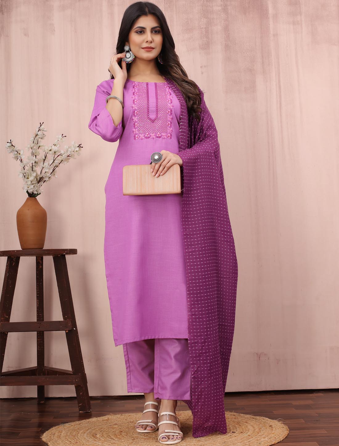 Embroidered Cotton Slub With Bottom & Fancy Dupatta Ensemble Kurta Sets