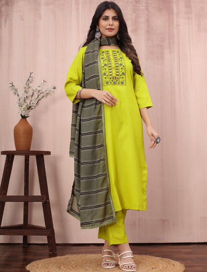 Cotton Slub Kurta With Bottom Fancy Dupatta Embroidery Kurta Sets For Women