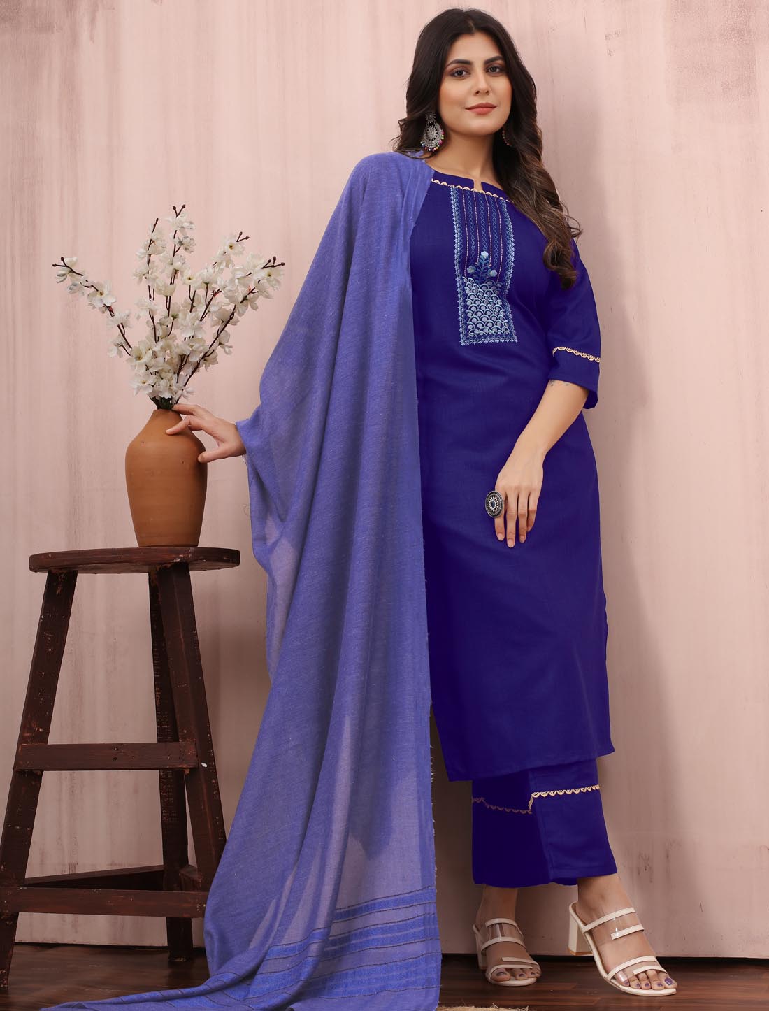 Stylish Embroidered Cotton Slub With Bottom & Fancy Dupatta Kurta Sets For Women