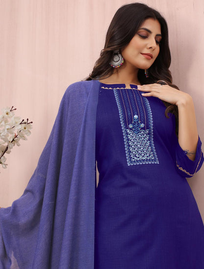 Stylish Embroidered Cotton Slub With Bottom & Fancy Dupatta Kurta Sets For Women