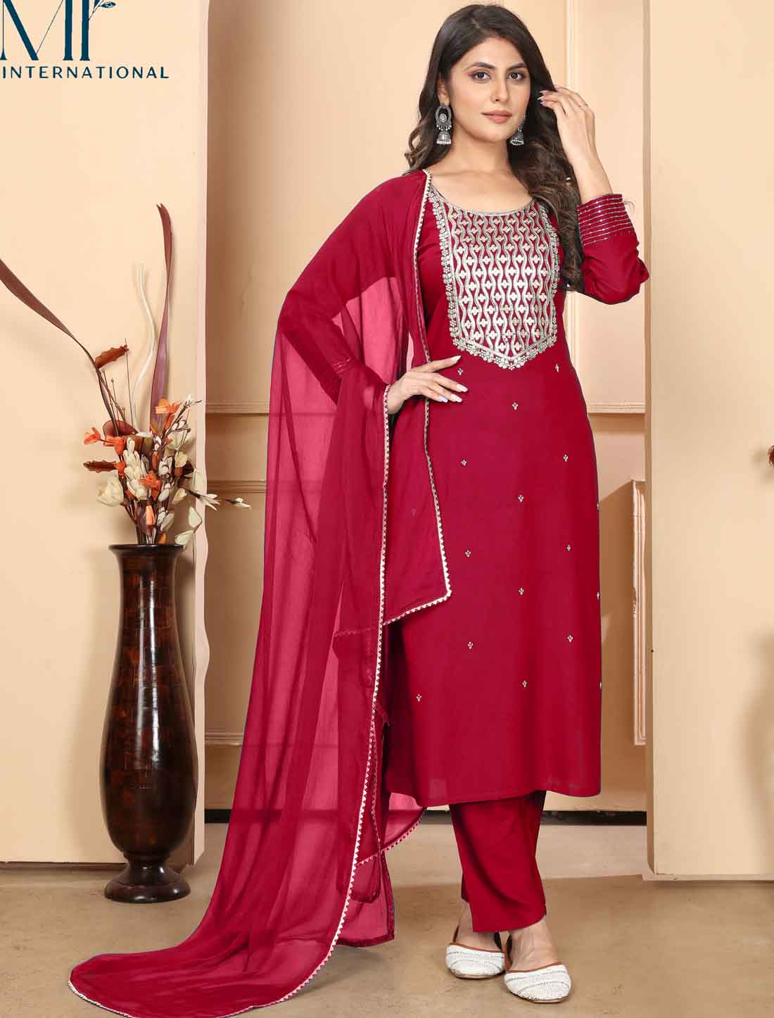 Heavy Red Embroidery Premium Rayon Ethnic Kurta Sets Collection