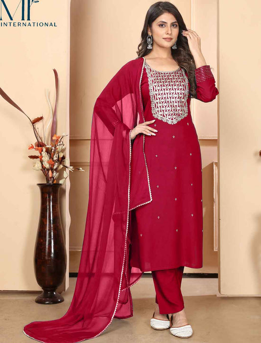 Heavy Red Embroidery Premium Rayon Ethnic Kurta Sets Collection