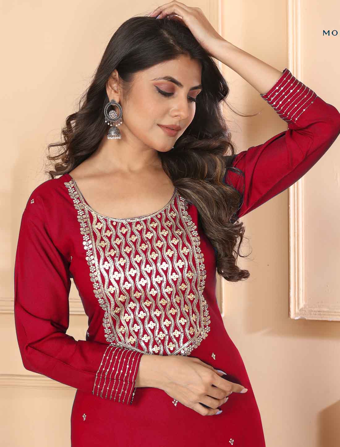 Heavy Red Embroidery Premium Rayon Ethnic Kurta Sets Collection