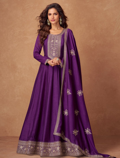 Purple Silk Designer Free Size Party Wear Gown For Women
