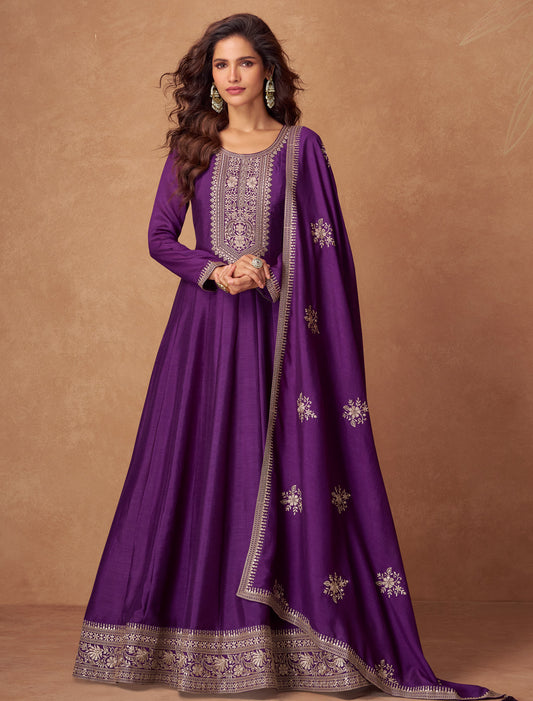 Purple Silk Designer Free Size Party Wear Gown For Women