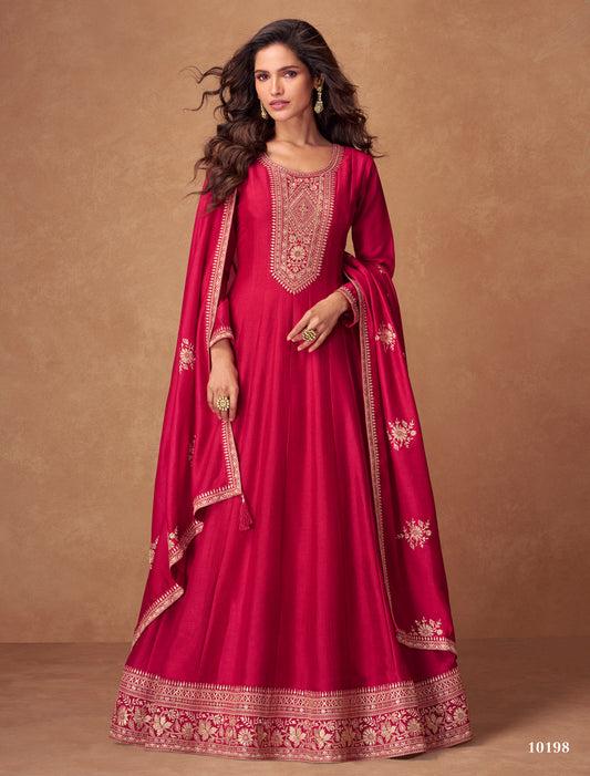 Red Silk Designer Party Wear Free Size Gown For Women