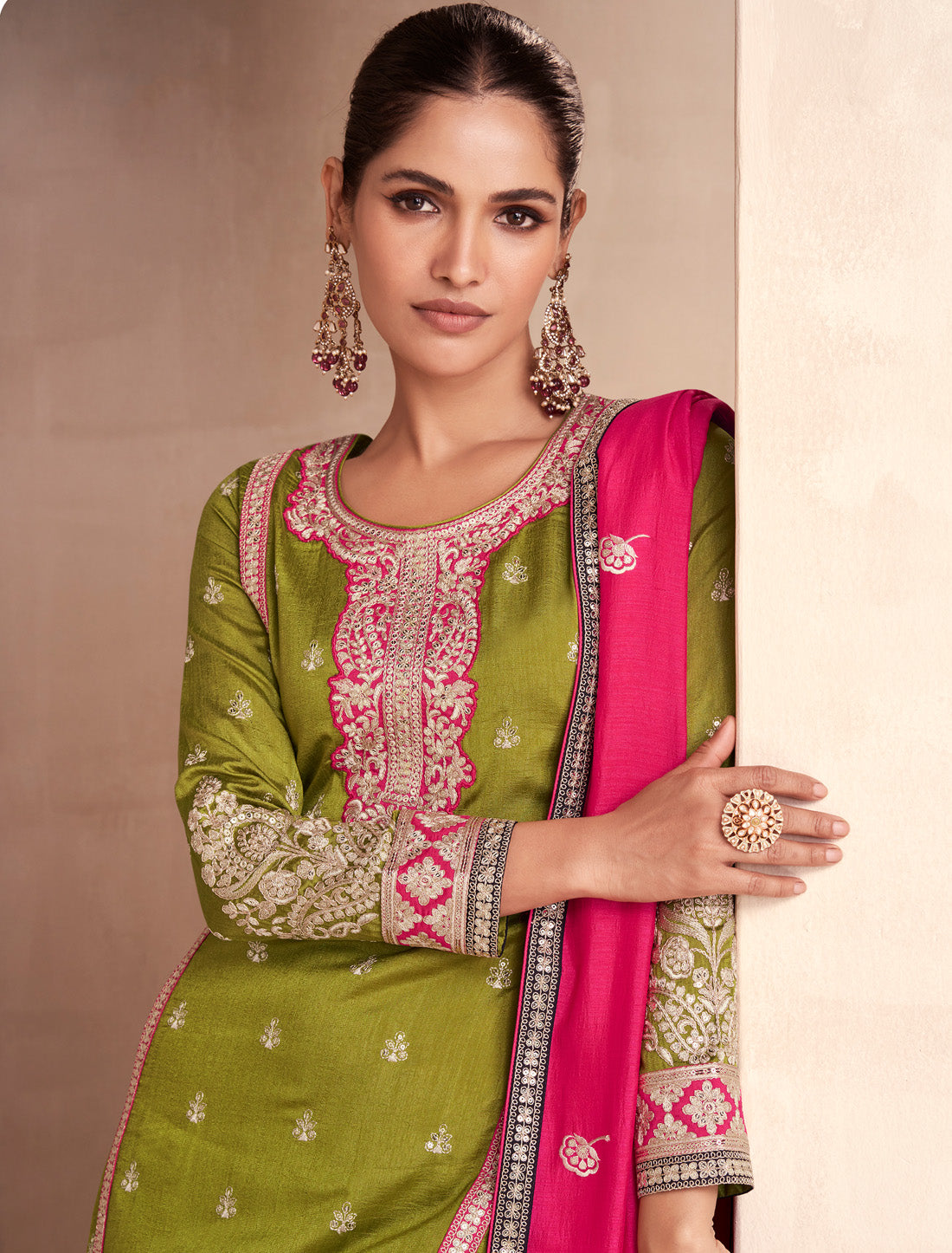 Luxurious Premium Silk Ethnic With Designer Green Kurta Sets