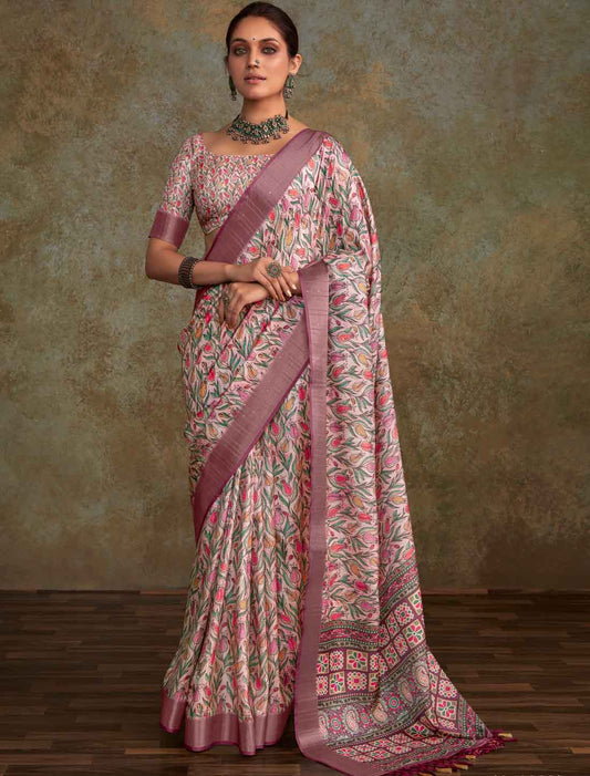 Ethinc Handloom Silk Witn Weaving Sequence Work Pink Saree