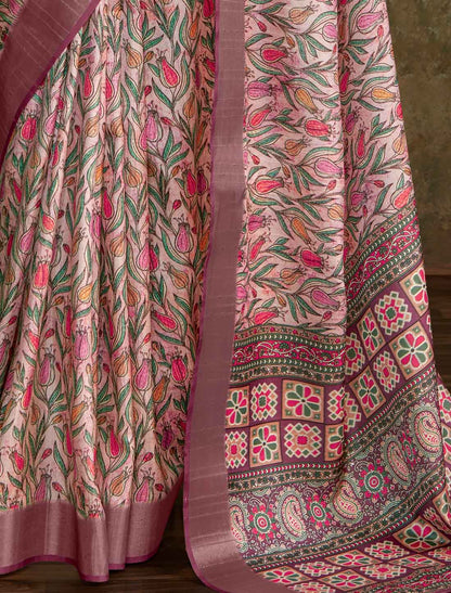 Ethinc Handloom Silk Witn Weaving Sequence Work Pink Saree