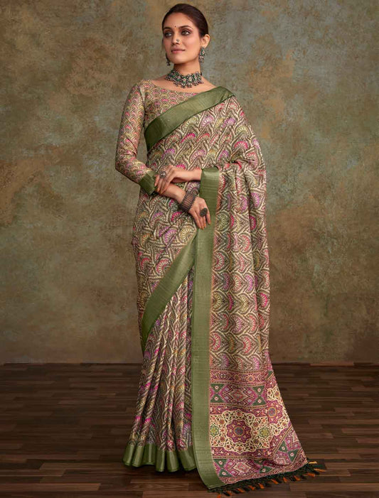 Green Handloom Silk Witn Weaving Sequence Work Ethnic Saree