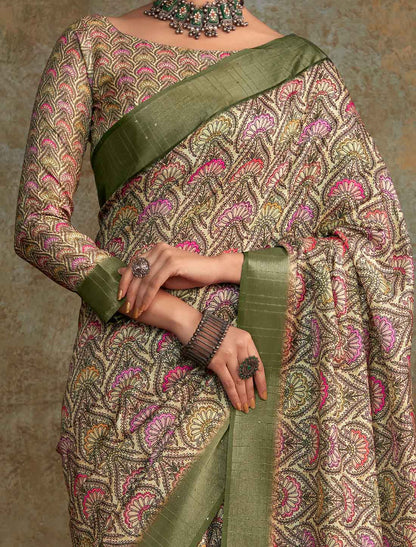 Green Handloom Silk Witn Weaving Sequence Work Ethnic Saree