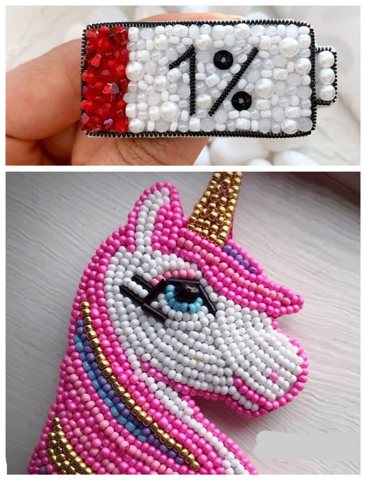 RJ Biirthy 1% Battery and Pink Unicorn Combo Hand Beaded Patches and Brooches
