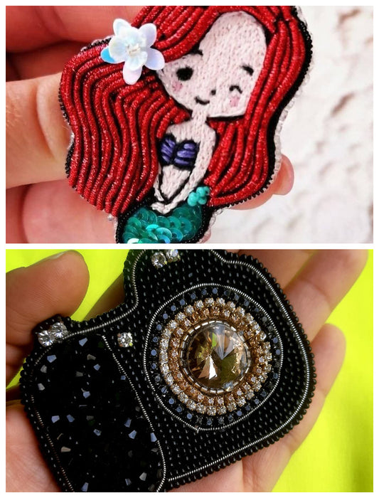 RJ Biirthy Mermaid and Camera Combo Washable Hand Beaded Patches and Brooches
