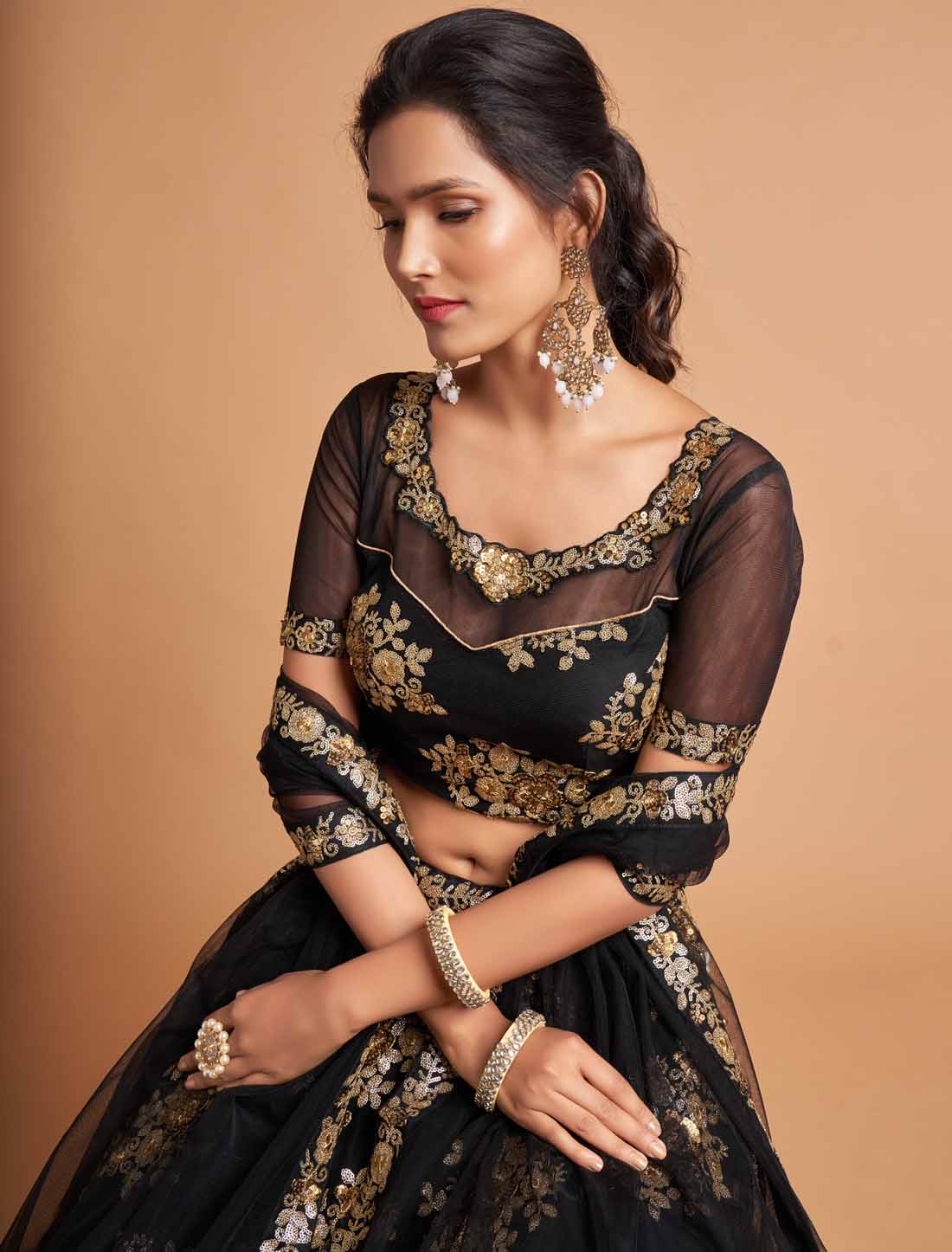 Black Soft Net Zari Sequins Embroidery Ethnic Lehenga Choli