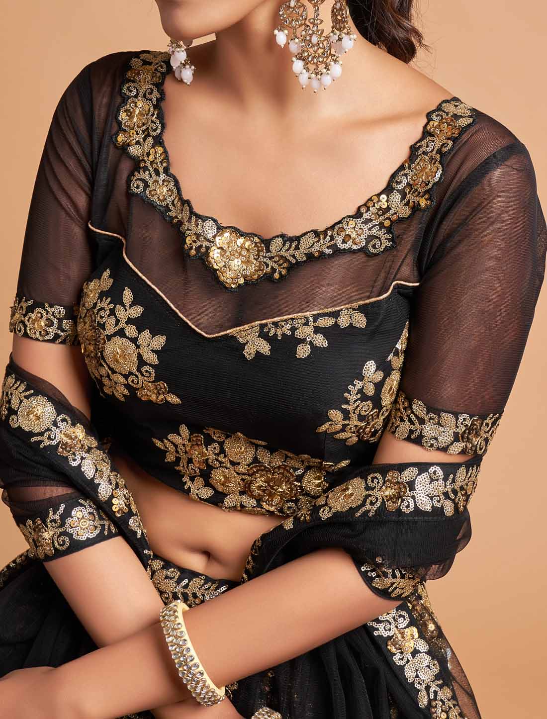 Black Soft Net Zari Sequins Embroidery Ethnic Lehenga Choli