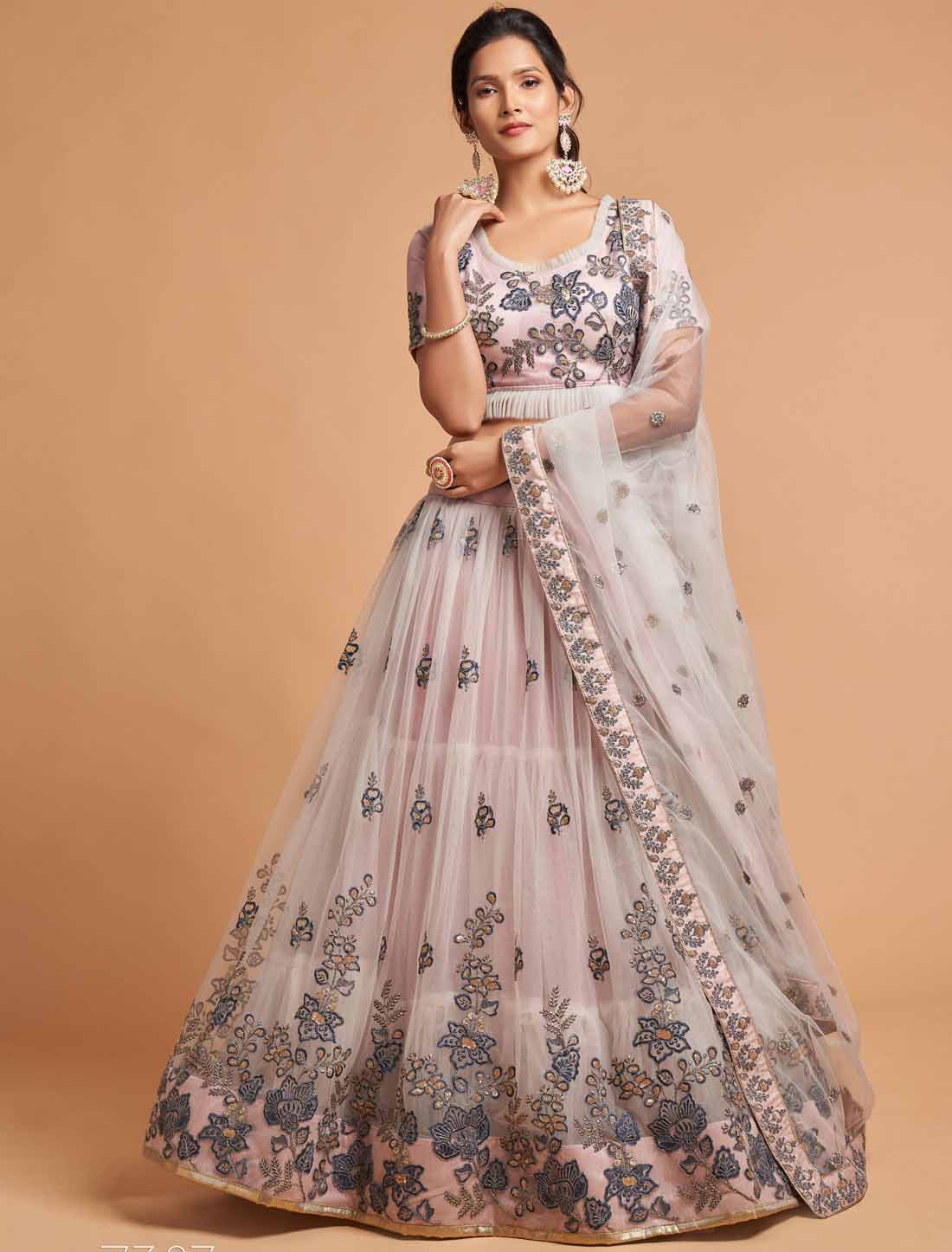 Grey Ethnic Soft Net Thrread Dori Zari Sequins Embroidery Lehenga Choli