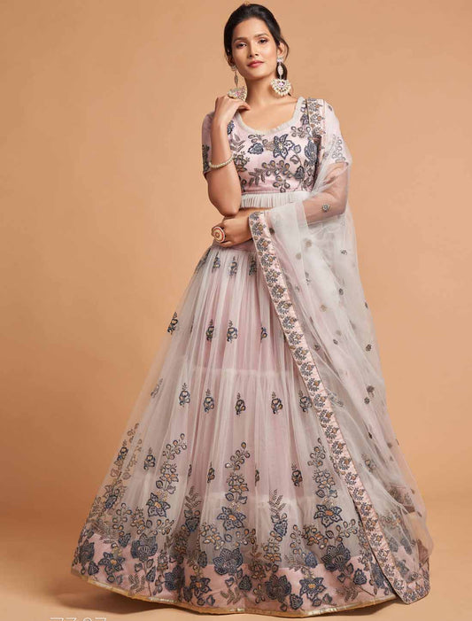 Grey Ethnic Soft Net Thrread Dori Zari Sequins Embroidery Lehenga Choli