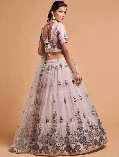 Grey Ethnic Soft Net Thrread Dori Zari Sequins Embroidery Lehenga Choli