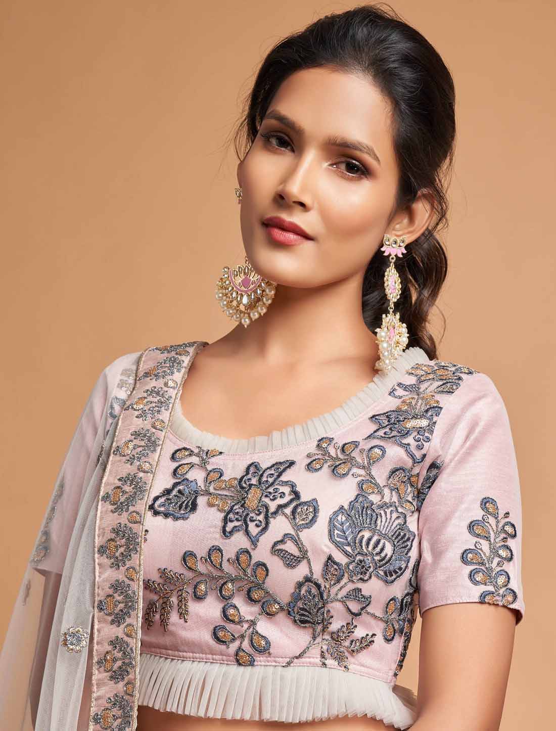 Grey Ethnic Soft Net Thrread Dori Zari Sequins Embroidery Lehenga Choli