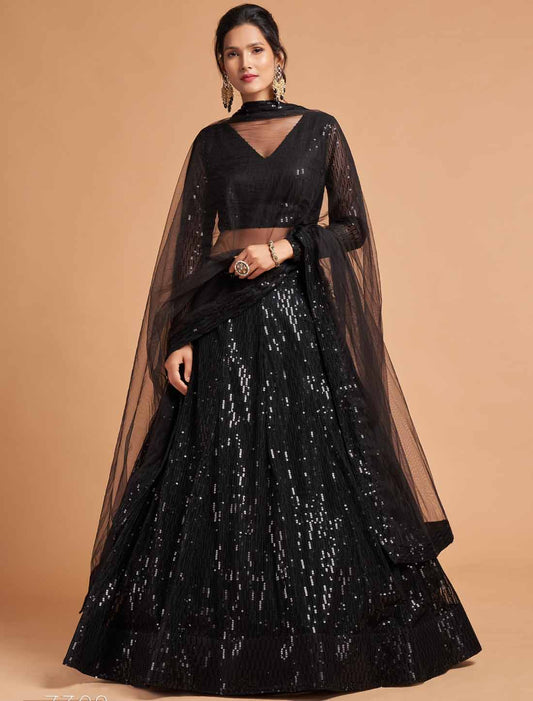 Ethnic Balck Soft Net Thread Multipal Sequins Embroidery Lehenga Choli