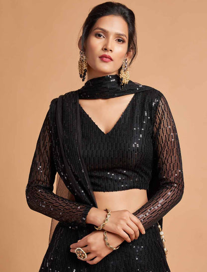Ethnic Balck Soft Net Thread Multipal Sequins Embroidery Lehenga Choli