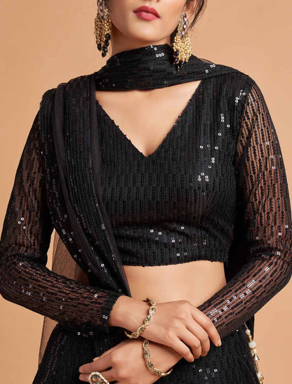 Ethnic Balck Soft Net Thread Multipal Sequins Embroidery Lehenga Choli