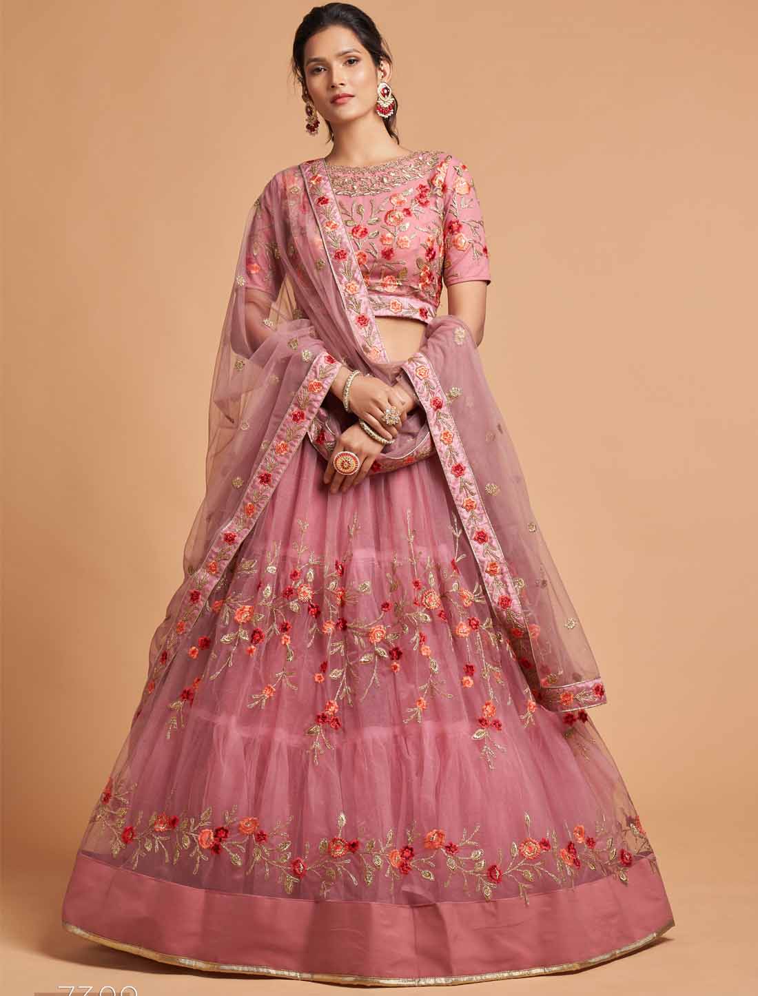 Dusty Pink Ethnic Soft Net Zari Badal Dori Thread Embroidery Lehenga Choli