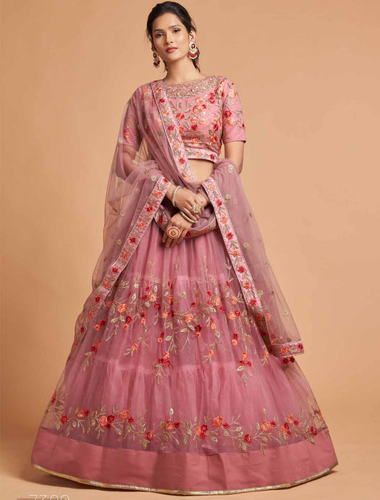 Dusty Pink Ethnic Soft Net Zari Badal Dori Thread Embroidery Lehenga Choli