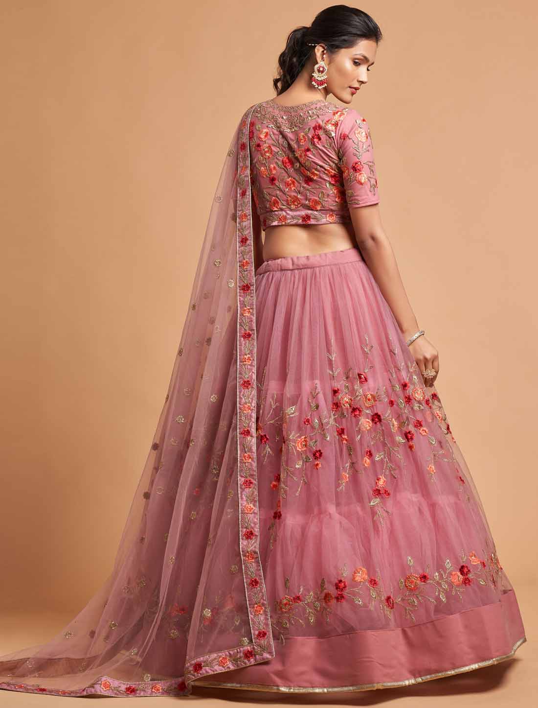 Dusty Pink Ethnic Soft Net Zari Badal Dori Thread Embroidery Lehenga Choli